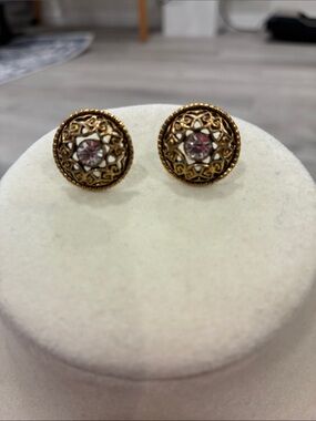 Bronze Filigree Crystal Stud Earrings - Women Jewelry